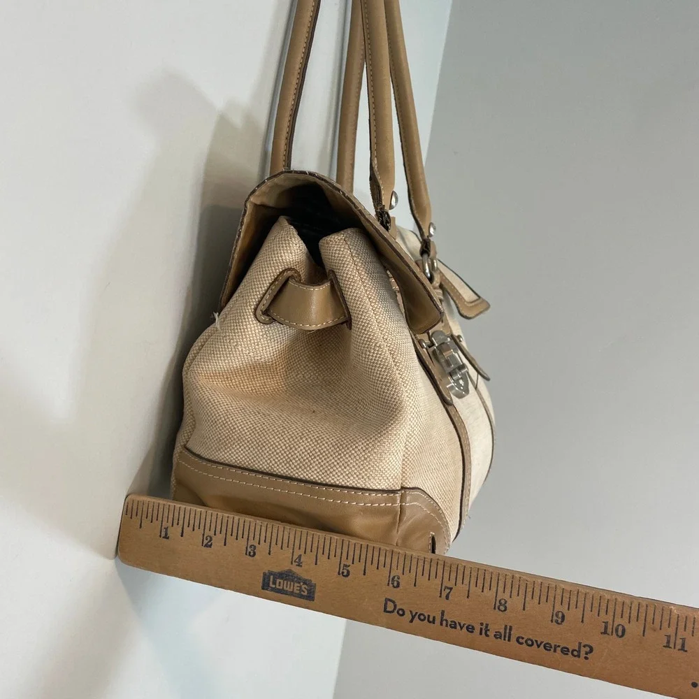 Etienne Aigner Jute Canvas and Leather Satchel Shoulder Bag Tan Beige Doctor Bag